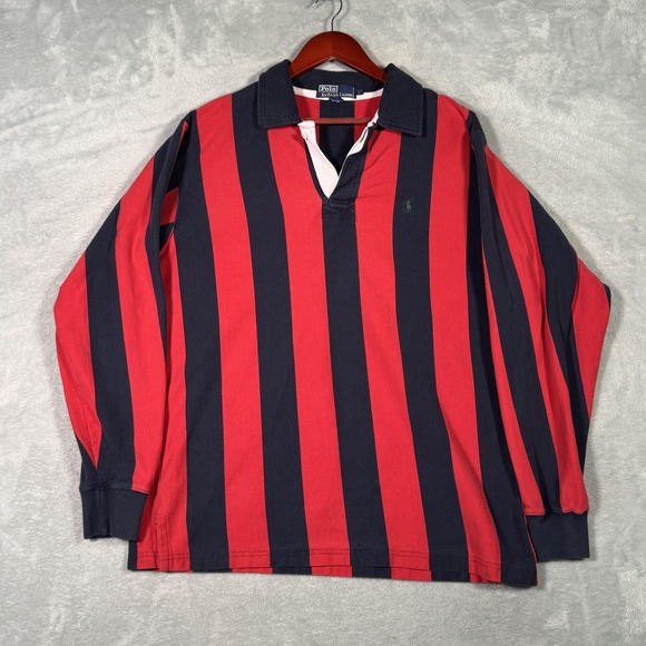 Vintage Ralph Lauren Rugby Shirt Mens L Red Navy Stripe Long Sleeve Polo *FLAW